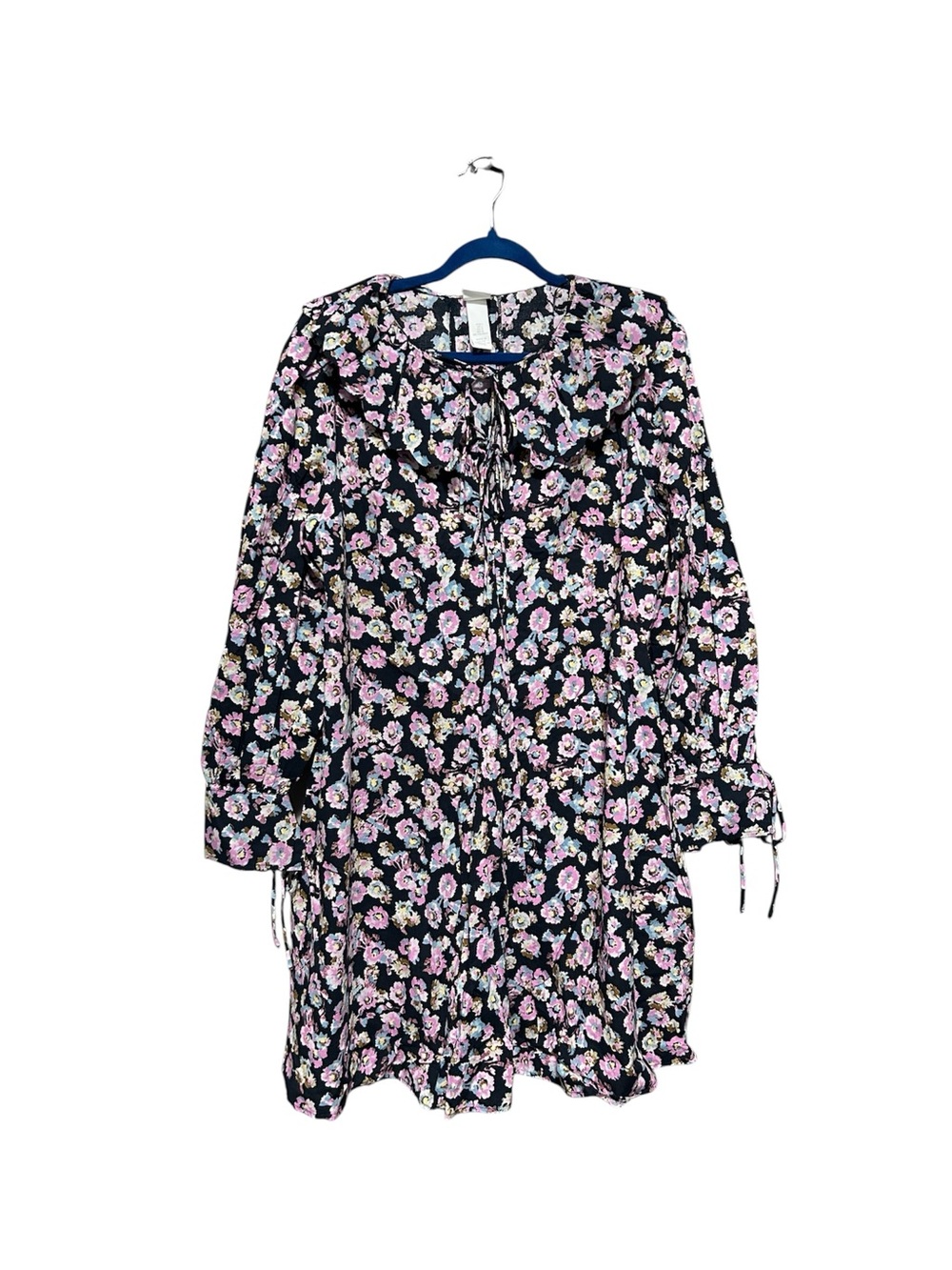 H&M Black Floral Babydoll Midi Dress Large Peter Pan Collar Cottagecore Boho